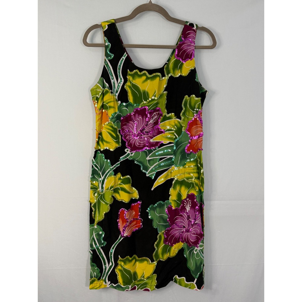 Surya Floral Sequin Shift Dress Womens Medium Black Multicolor Tropical Hibiscus